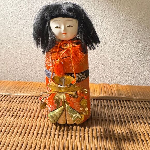 Other - Vintage Japanese Kimekomi Doll Traditional Orange Kimono‎ Accents 7 inch 70's